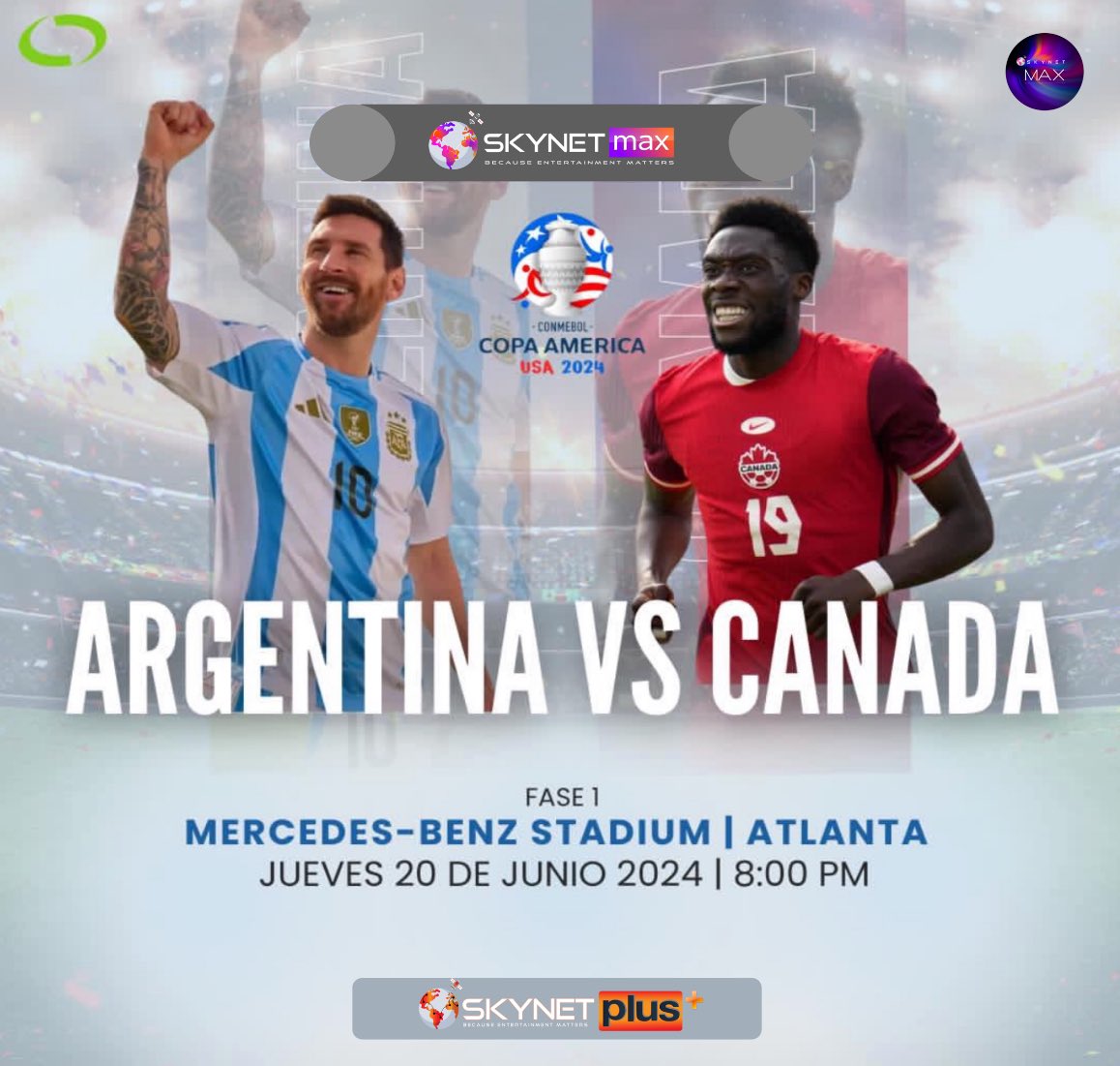 COPA AMERICA 🏆🇺🇸
JUEVES 20
ARGENTINA 🇦🇷 VS CANADA 🇨🇦 
18H00 MEX/CR
19H00 COL/ECU/PER
20H00 MIA/CHI/PAR
21H00 ARG/URU
02H00 ESP