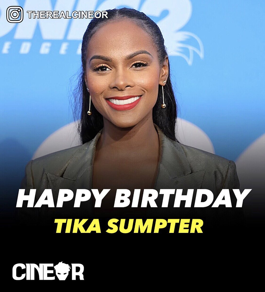 therealcineor's tweet photo. Happy Birthday Tika Sumpter who also plays the role as Maddie Wachowski AKA Pretzel Lady in Sonic movie 1,2, The Knuckles Series and in the upcoming #sonicmovie3 🥳🎉🎂💙

Happy Birthday! @tikasumpter 🎂🙌

#happybirthday #sonic3 https://t.co/IVMm9ARBBY