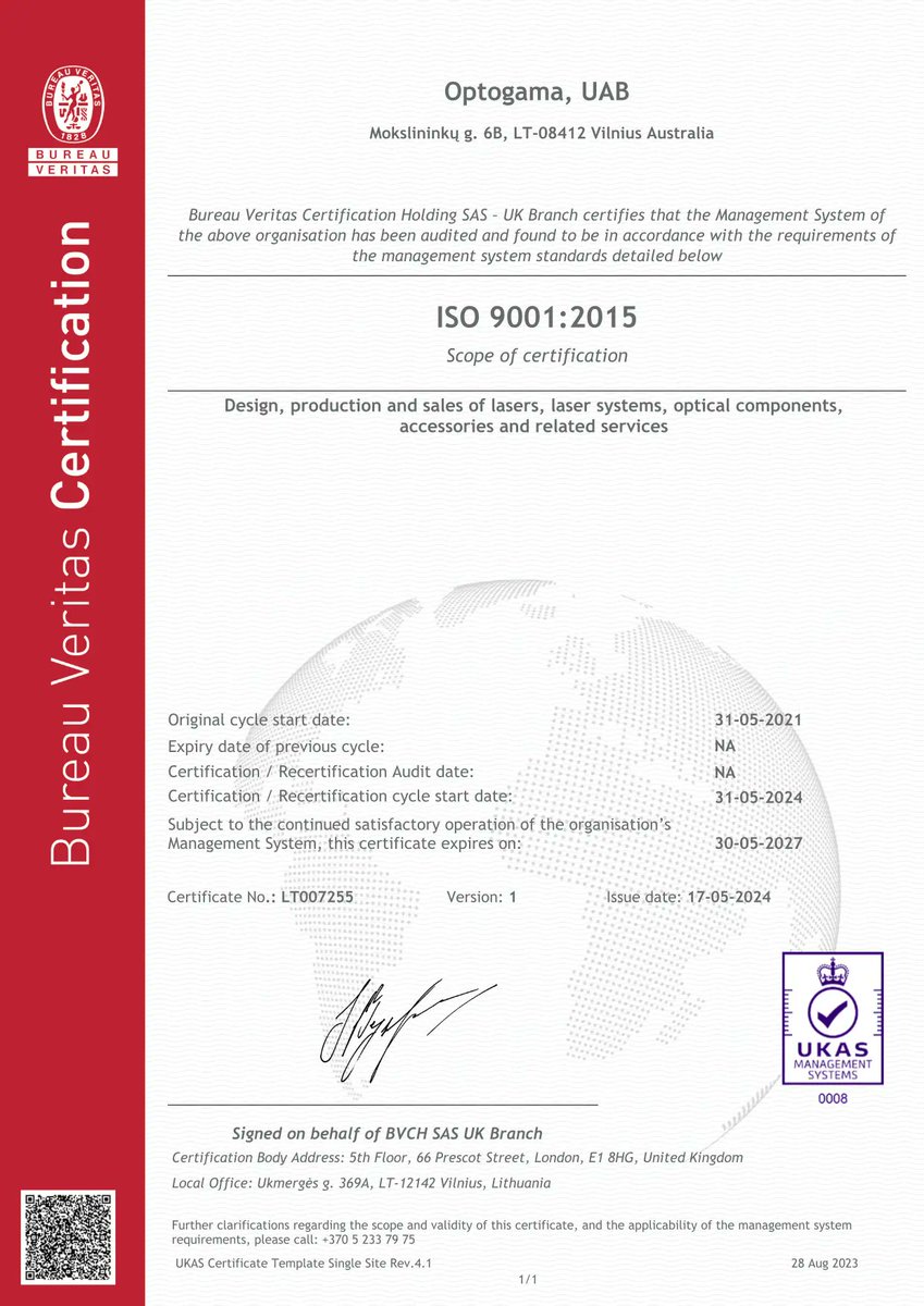 🌟Optogama proudly announces that we continue to hold ISO 9001 certification for the design, manufacture and sale of lasers, laser systems, optical components, accessories and related services. 
This reflects  our dedication to continuous improvement and operational excellence.