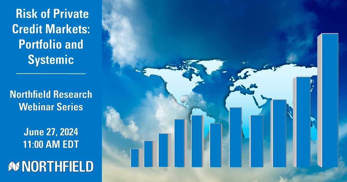 northinfo's tweet image. In our next webinar, Northfield&apos;s Dan diBartolomeo will examine the analytical aspects of the risks of private credit, relative to both bond markets and bank lending. To register, visit: hubs.la/Q02CDy7j0 #privatecredit #quantitativefinance #quantamental #banking #cdo #clo