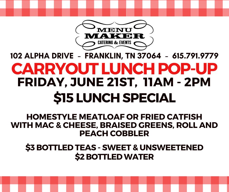MenuMakerCaters's tweet image. Join us tomorrow, Friday, 6/21 from 11am - 2pm for a Carryout Pop-up! Fried catfish, meatloaf, mac &amp;amp; cheese, greens and peach cobbler. 🥳 Orders accepted on a first-come, first-served basis. Call 615.791.9779 to order ahead.
#CarryoutPopUp #TGIF #fridaylunch