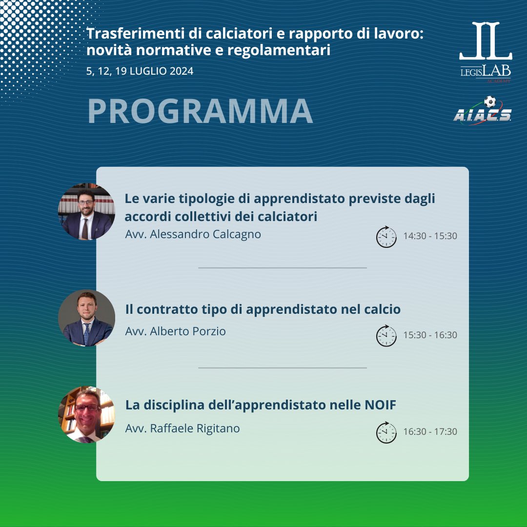 ⚠️ Iscriviti entro il 30 giugno per avere accesso, gratuitamente, ai prossimi due eventi di aggiornamento per agenti FIGC in programma per il 2024 ⚠️

🗓️ 5, 12, 19 luglio 2024

👉🏻 legislabacademy.com/corsi/trasferi…

#legislabacademy #aiacs #agents #figc #course #training #footballplayers