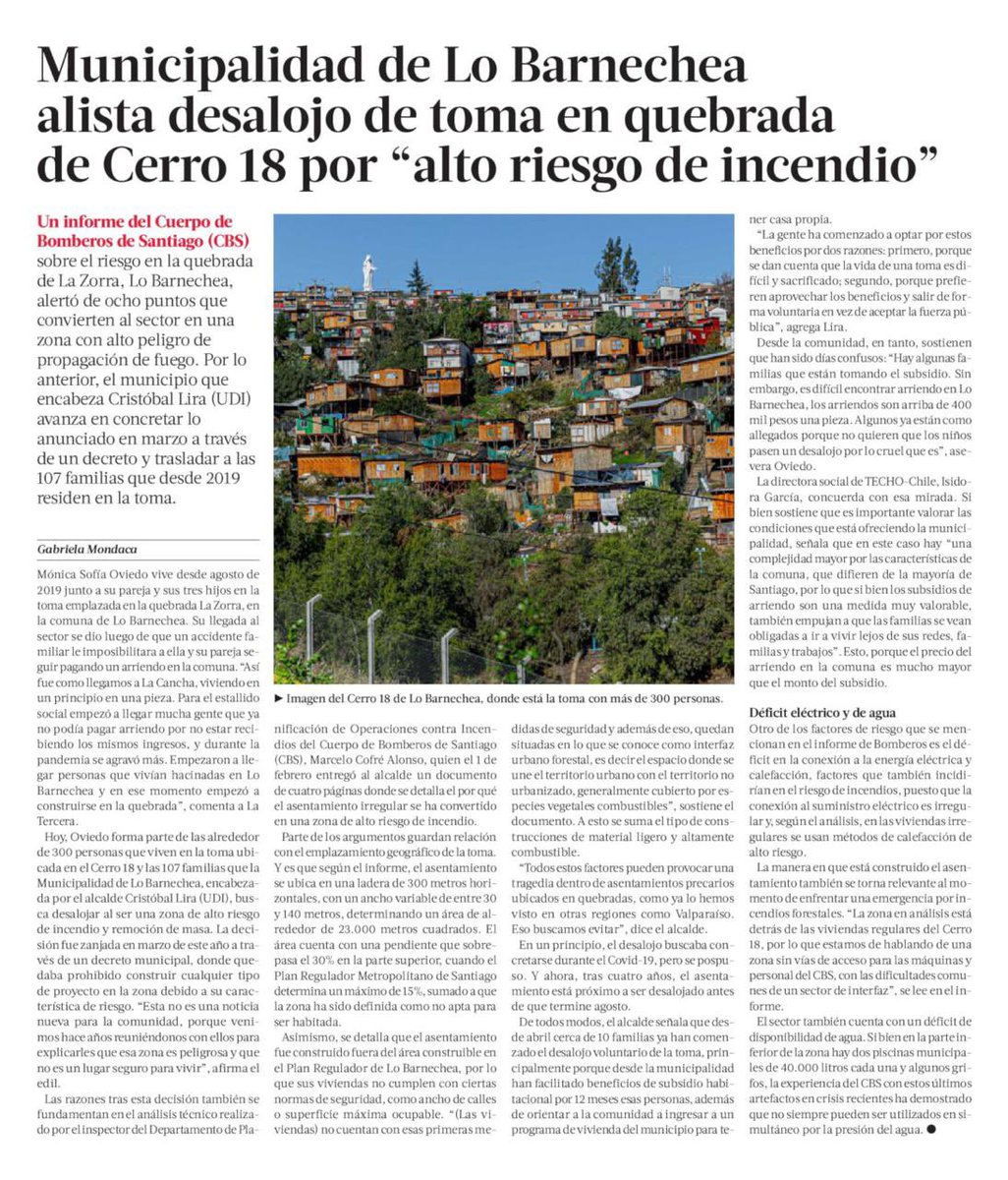 Informe de Bomberos sobre riesgo en la quebrada La Zorra alertó de 8 puntos que convierten al sector en zona con alto peligro de propagación de fuego. 
Estamos avanzando en concretar el desalojo a través de decreto y trasladar a las 107 familias que desde 2019 residen en la toma.