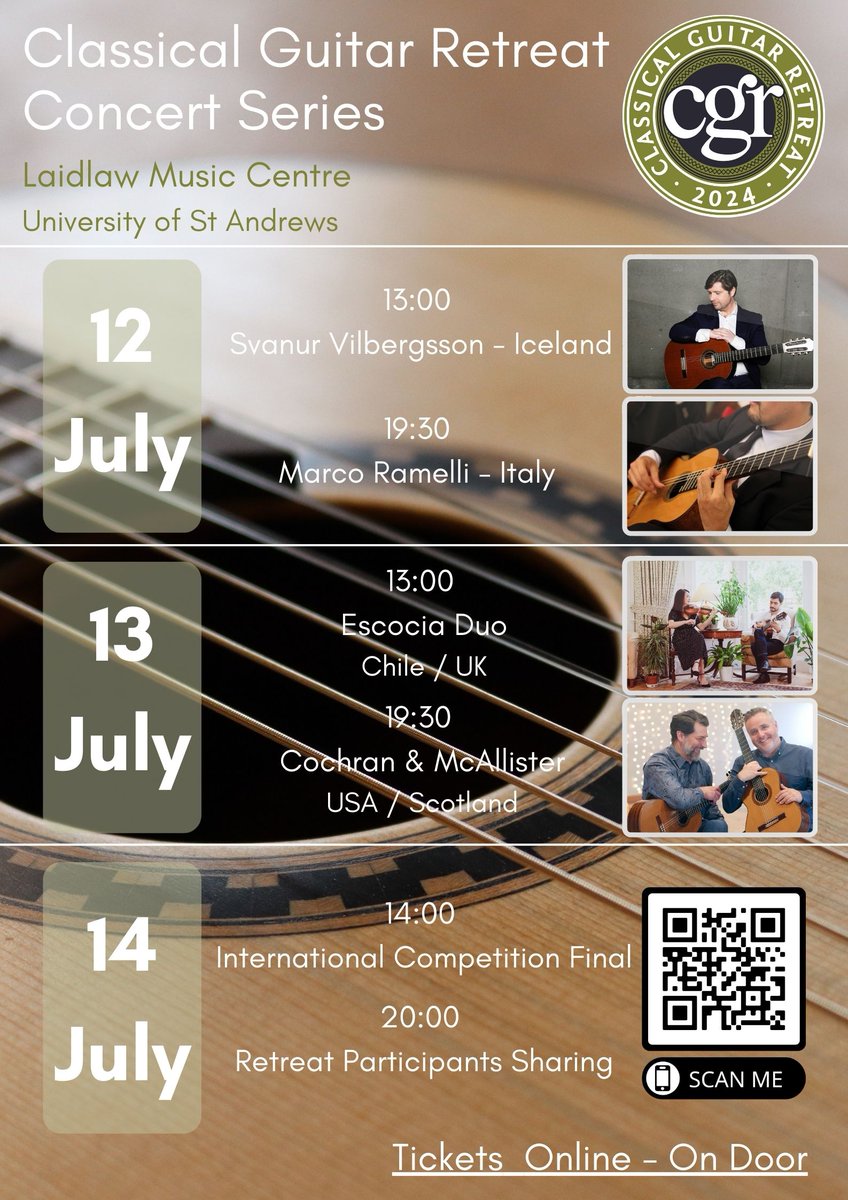 An incredible series of Guitar Concerts takes place in just over 2 weeks in St Andrews! A new chapter for the Classical Guitar Retreat as it find a new home in the stunning Laidlaw Music Centre. Get your tickets now!
cgretreat.com/concerts Don't miss out! #concerts #standrews