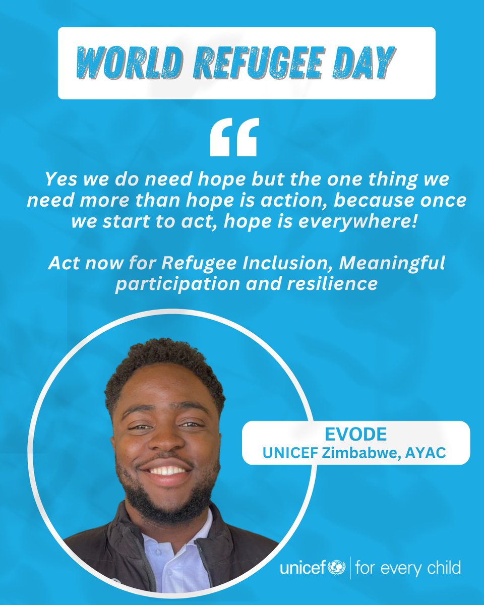 Evode lives in the Tongara refugee camp and is an active member of UNICEF Zimbabwe’s Adolescent and Youth Advisory Committee (AYAC).

This #RefugeeDay, let's show our solidarity with refugees.