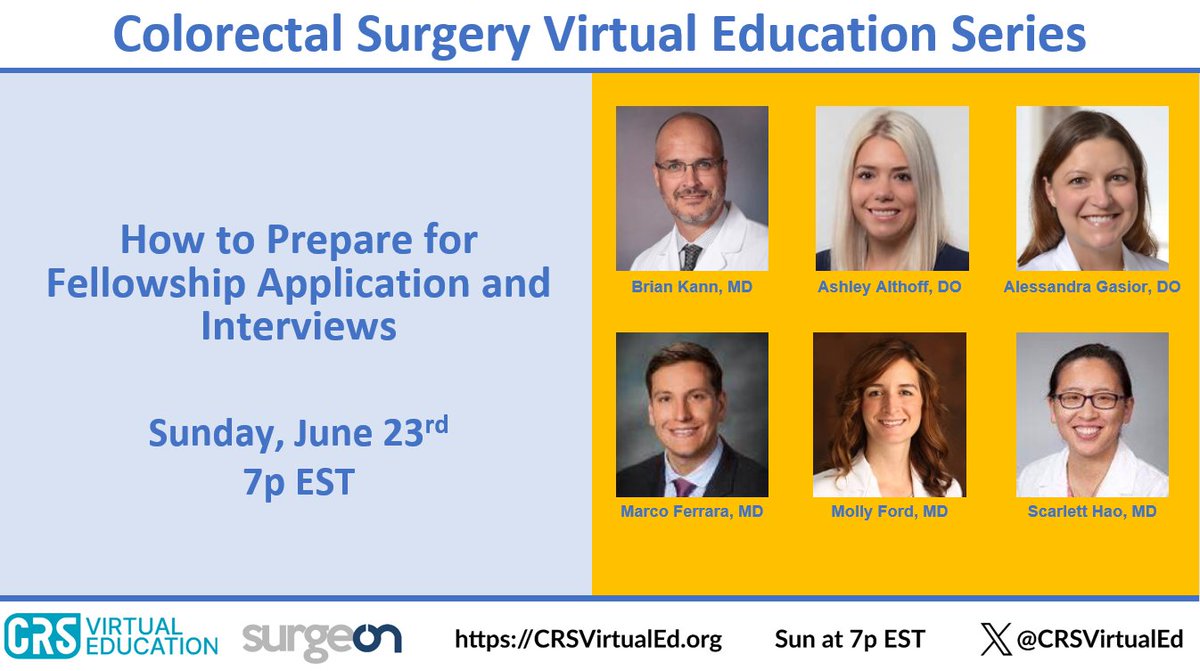 CRSVirtualEd (@crsvirtualed) on Twitter photo Applying for colorectal surgery fellowship?
This lecture is for you! This Sunday June 23rd, <a href="/ASCRS_1/">ASCRS_1</a> Residents Committee will be discussing the application process and interviews!
#colorectalsurgery
#fellowshipapplication
#generalsurgery
<a href="/connieygan1/">Connie Gan</a>
<a href="/LWeaver_MD/">Lauren Weaver</a>
<a href="/drebolloMD/">Daniela Rebollo, MD MPH</a> Applying for colorectal surgery fellowship?
This lecture is for you! This Sunday June 23rd, <a href="/ASCRS_1/">ASCRS_1</a> Residents Committee will be discussing the application process and interviews!
#colorectalsurgery
#fellowshipapplication
#generalsurgery
<a href="/connieygan1/">Connie Gan</a>
<a href="/LWeaver_MD/">Lauren Weaver</a>
<a href="/drebolloMD/">Daniela Rebollo, MD MPH</a>