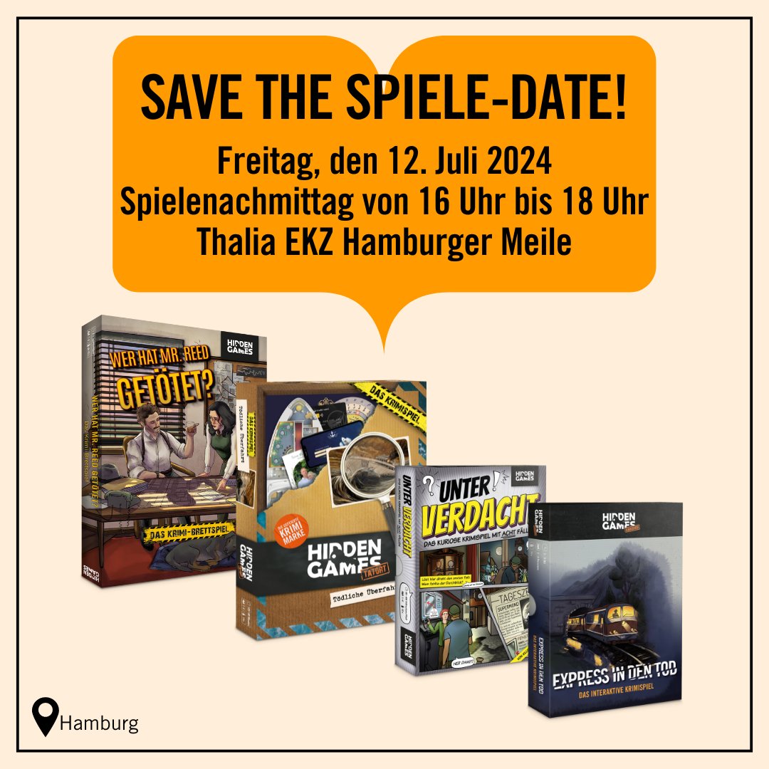 Hidden Games (@hiddengamescs) on Twitter photo #Hamburg: am 12. Juli findet in der Thalia Buchhandlung Hamburger Meile von 16 Uhr bis 18 Uhr ein Spielenachmittag statt.Wir sind vor Ort und haben vier Spiele dabei:
1. Wer hat Mr. Reed getötet?
2. Tödliche Überfahrt
3. Unter Verdacht
4. Express in den Tod
#thalia #hiddengames #Hamburg: am 12. Juli findet in der Thalia Buchhandlung Hamburger Meile von 16 Uhr bis 18 Uhr ein Spielenachmittag statt.Wir sind vor Ort und haben vier Spiele dabei:
1. Wer hat Mr. Reed getötet?
2. Tödliche Überfahrt
3. Unter Verdacht
4. Express in den Tod
#thalia #hiddengames