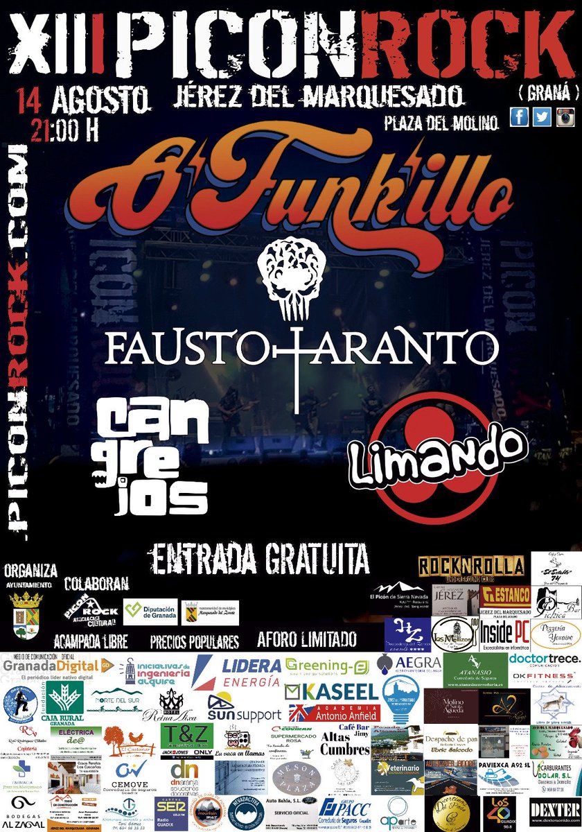 🤘 Cartel Piconrock 2024🤘
O'funk'illo (página oficial) 
Fausto Taranto 
Limando 
Cangrejos 

 PLAZA DEL MOLINO
14 de Agosto.
Apertura de puertas 21:00 horas

Zona de acampada libre
Parking
Baños y fuente de agua potable.

ENTRADA GRATUITA 
Hasta completar aforo.
Aforo limitado.