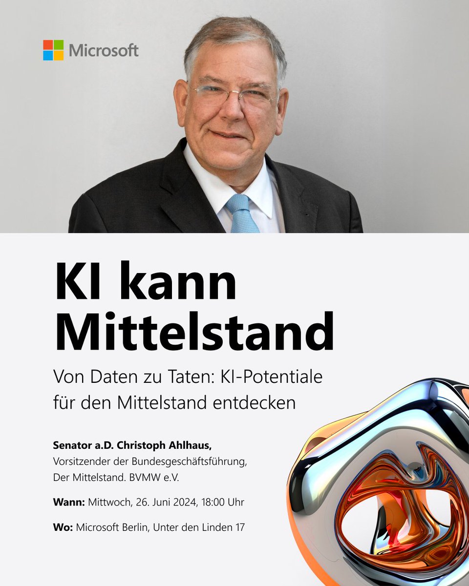 Der Mittelstand. BVMW e.V. (@bvmwev) on Twitter photo #KI kann #Mittelstand | Eine spannende Veranstaltung & ein Muss für alle Unternehmenden! Wir sind gespannt, welche KI-Tools von <a href="/MicrosoftDE/">Microsoft Germany</a> den Unternehmensalltag erleichtern.
Jetzt Tickets sichern: microsoft.com/de-de/berlin/v… #KI kann #Mittelstand | Eine spannende Veranstaltung & ein Muss für alle Unternehmenden! Wir sind gespannt, welche KI-Tools von <a href="/MicrosoftDE/">Microsoft Germany</a> den Unternehmensalltag erleichtern.
Jetzt Tickets sichern: microsoft.com/de-de/berlin/v…