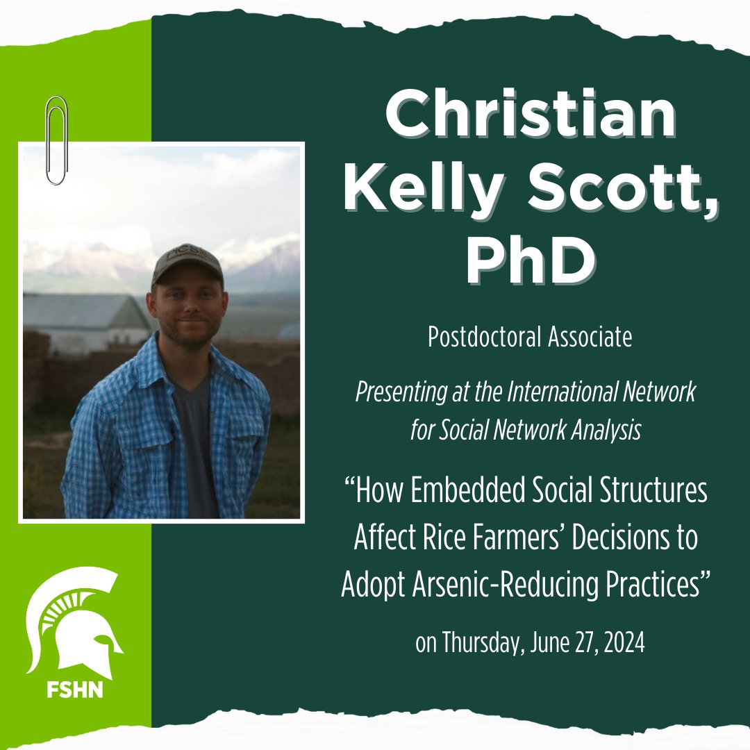 Dr. Scott is presenting "How Embedded Social Structures Affect Rice Farmers’ Decisions to Adopt Arsenic-Reducing Practices" at the International Network for Social Network Analysis on 6/27. Lookout for more FSHN presentation announcements heading your way! #AcademicLife #Research