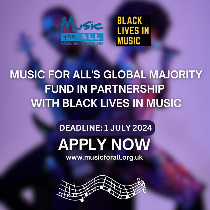 Last chance to apply for BLiM x <a href="/MfACharity/">Music for All UK</a>
Global Majority Fund⏳In collaboration with Music For All, we are seeking applications for this unique award for grants from community-based music-making groups from the global majority. <a href="/BLKLivesinMusic/">Black Lives in Music</a> 
Apply now visit: