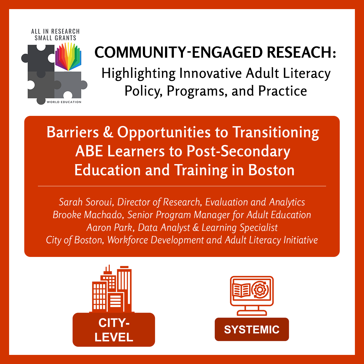 Learn about program models, strategies, and support mechanisms that facilitate effective  transitions into occupational training and post-secondary education, presented at the ALL IN Research Small Grants Initiative webinar showcase. rb.gy/kt10q7