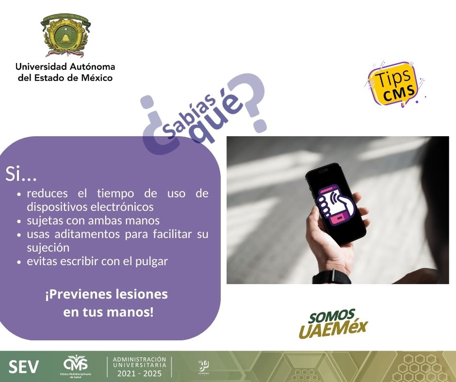 CMSUAEMex's tweet photo. El uso constante de dispositivos móviles puede generar algunas lesiones en tus manos ¡Checa estos #TipsCMS!
#SomosCMSUAEMéx
#SomosUAEMéx https://t.co/0sNJyu1FyN
