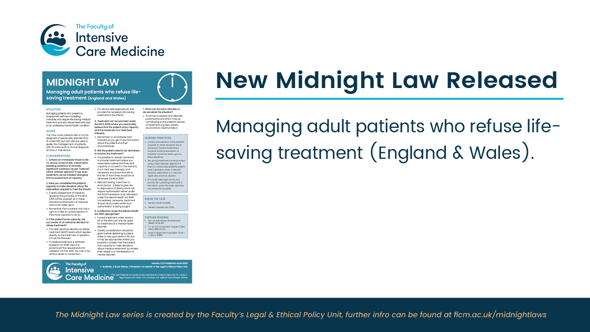 𝗥𝗲𝗹𝗲𝗮𝘀𝗲 𝗼𝗳 𝗯𝗿𝗮𝗻𝗱 𝗻𝗲𝘄 𝗠𝗶𝗱𝗻𝗶𝗴𝗵𝘁 𝗟𝗮𝘄 

🕛Managing adult patients who refuse life-saving treatment - This Midnight Law can be found here: bit.ly/FICM-MNLJune20…

The series of midnight laws can be found at ficm.ac.uk/midnightlaws