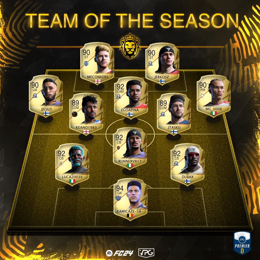 👥 Team of the Season 
🏆 <a href="/OfficialVPG/">Virtual Pro Gaming</a> 
🇪🇺 Premier D
⚽️ Final Standings

🥇 Champions: <a href="/FIFADotGGx/">FIFADotGG</a> 🏴󠁧󠁢󠁥󠁮󠁧󠁿 
🥈 Runner Up: <a href="/MeeslotProClubs/">Meeslot</a> 🇫🇮 
🥉 Playoff: <a href="/Creative11s/">Creative</a> 🏴󠁧󠁢󠁳󠁣󠁴󠁿 

#FC24 #Clubs #VPG 
#WhereTheChampionsPlay