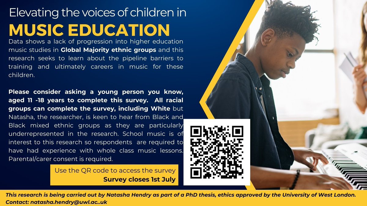 Final push for my survey seeking the perspectives of young people about school music lessons.  Young people are not always asked their opinion in research,so this study is particularly concerned with giving young people a voice about how they experience music education in school
