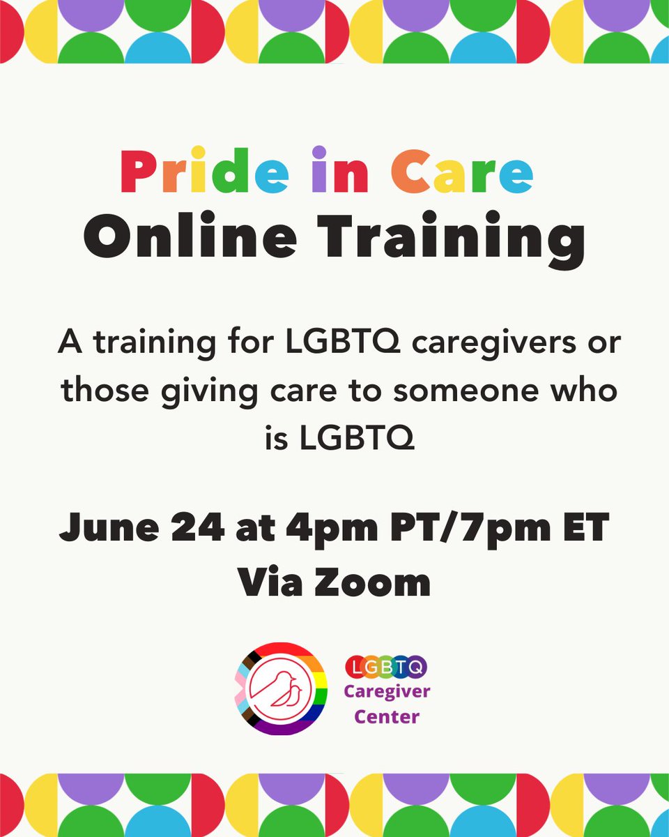 Caring Across Generations #CareCantWait (@caringacrossgen) on Twitter photo This #PrideMonth, we’re proud to host an LGBTQ Caregiver training with our friends at the <a href="/lgbtqcaregivers/">lgbtqcaregivercenter</a>. This training takes place on June 24 at 4pm PT/7pm ET via Zoom.
Learn and more RSVP here: go.caringacross.org/a/lgbtq-caregi… This #PrideMonth, we’re proud to host an LGBTQ Caregiver training with our friends at the <a href="/lgbtqcaregivers/">lgbtqcaregivercenter</a>. This training takes place on June 24 at 4pm PT/7pm ET via Zoom.
Learn and more RSVP here: go.caringacross.org/a/lgbtq-caregi…