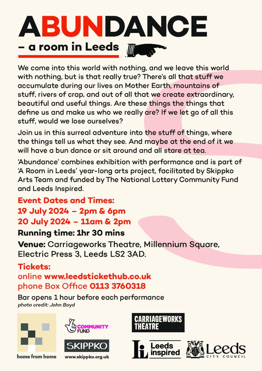 We're very excited to present 'Abundance - a room in Leeds' directed by <a href="/anthaddon/">Anthony Haddon</a>  <a href="/carriageworks_/">Carriageworks Theatre</a> on 19 &amp; 20 July. Tickets on Leeds Ticket Hub
<a href="/TNLComFund/">The National Lottery Community Fund</a> <a href="/LeedsInspired/">Leeds inspired</a>