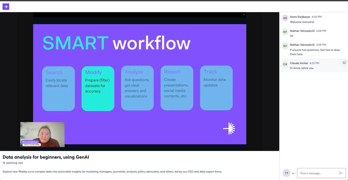 🚀 We’re live! Our founder <a href="/amra_dorjbayar/">Amra Dorjbayar</a> is giving a beginner-friendly webinar on using GenAI for data analysis with Wobby.

We'd love to hear from those watching live. If you missed it, comment below to get a recording of the webinar!

#genai #dataanalysis #webinar