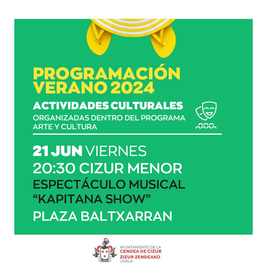 🎤 Espectáculo Musical "Kapitana Show" 🎶

📅 21 de junio, viernes
🕣 20:30
📍 Cizur Menor, Plaza Baltxarran

¡No te pierdas el increíble espectáculo musical "Kapitana Show"! Ven y disfruta de una noche llena de música y diversión en la Plaza Baltxarran.

¡Te esperamos! 🎉🎵