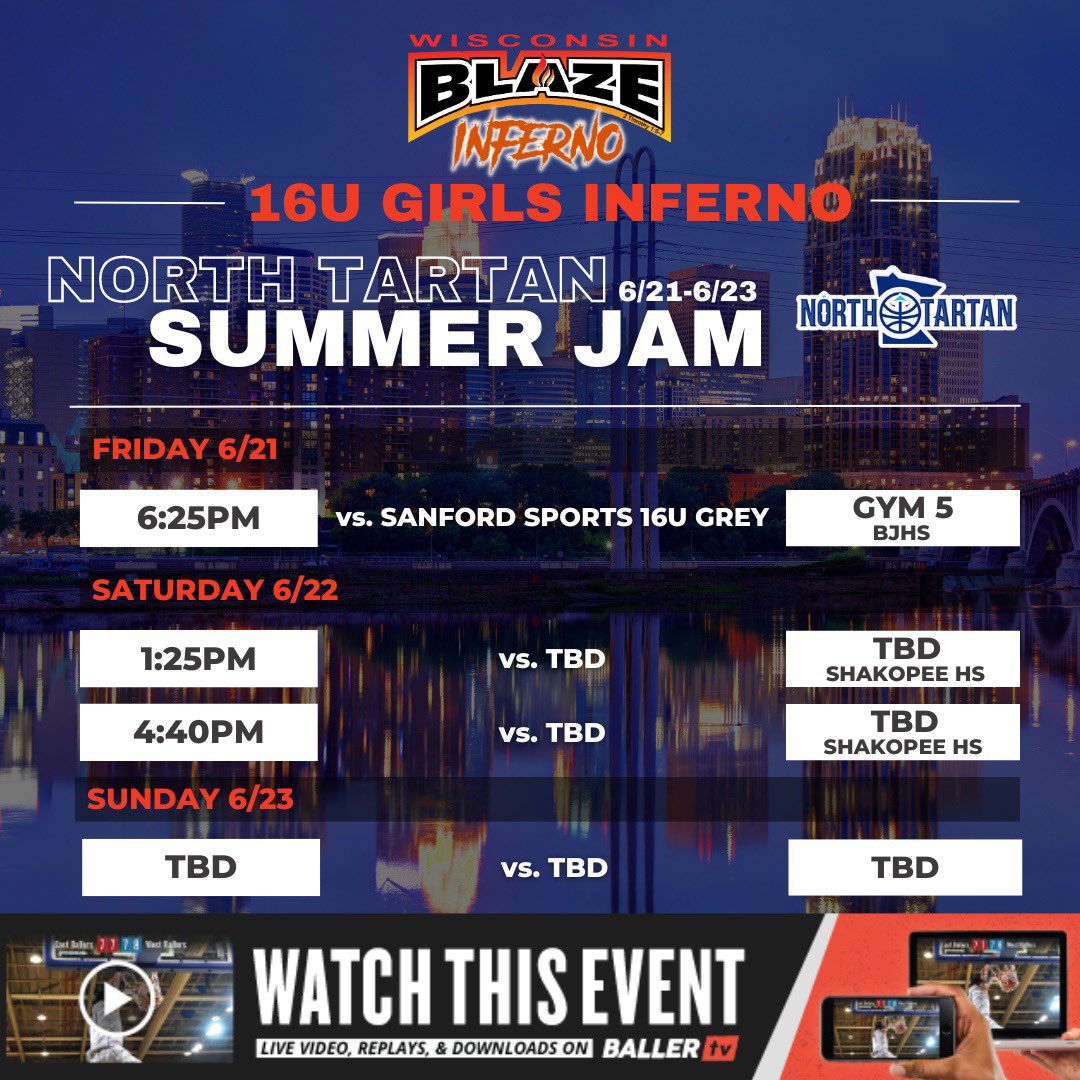 algwidt's tweet image. 16u Inferno (26/27) Schedule at North Tartan Summer Jam - 16u Loon Lake Division 🏀
#4 @malloriewerner ‘27
#10 @AllieVanVo1993 ‘27
#11 @ChloePfefferle ‘26
#20 @Theresa__Banks ‘27
#21 @SRemiker43184 ‘27
#24 @annika_heimann ‘26
#25 @madi_springer25 ‘27
@WIBlazeInferno