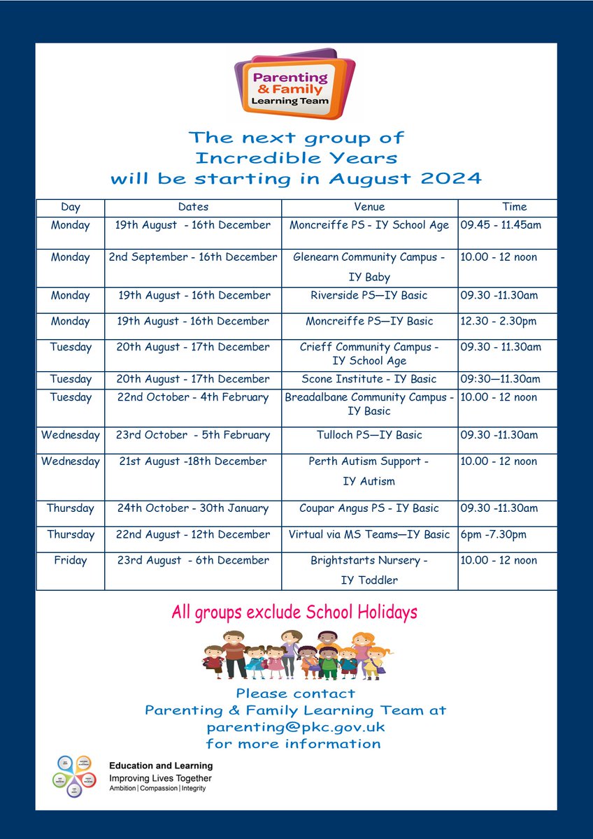 Upcoming Incredible Years groups
Closing date for applications for August groups is 12th July.
For more information about our team and the groups we offer, please visit the website pkc.gov.uk/parenting