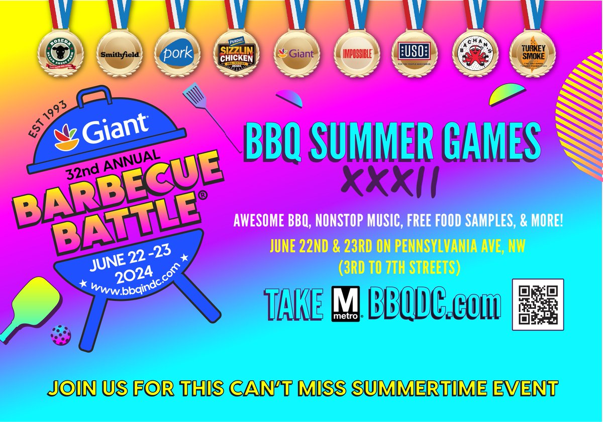 ElZol1079's tweet image. Este fin de semana 22 Y 23 de junio es la 32ª BATALLA ANUAL DE BARBACOA, GIANT BBQ BATTLE.
Con exposiciones interactivas, acción deportiva y más, ¡No faltes ! Consigue tus entradas en BBQDC.com ven con nosotros 

#BBQBattle #BBQinDC @bbqindc 
elzol1079.com/events