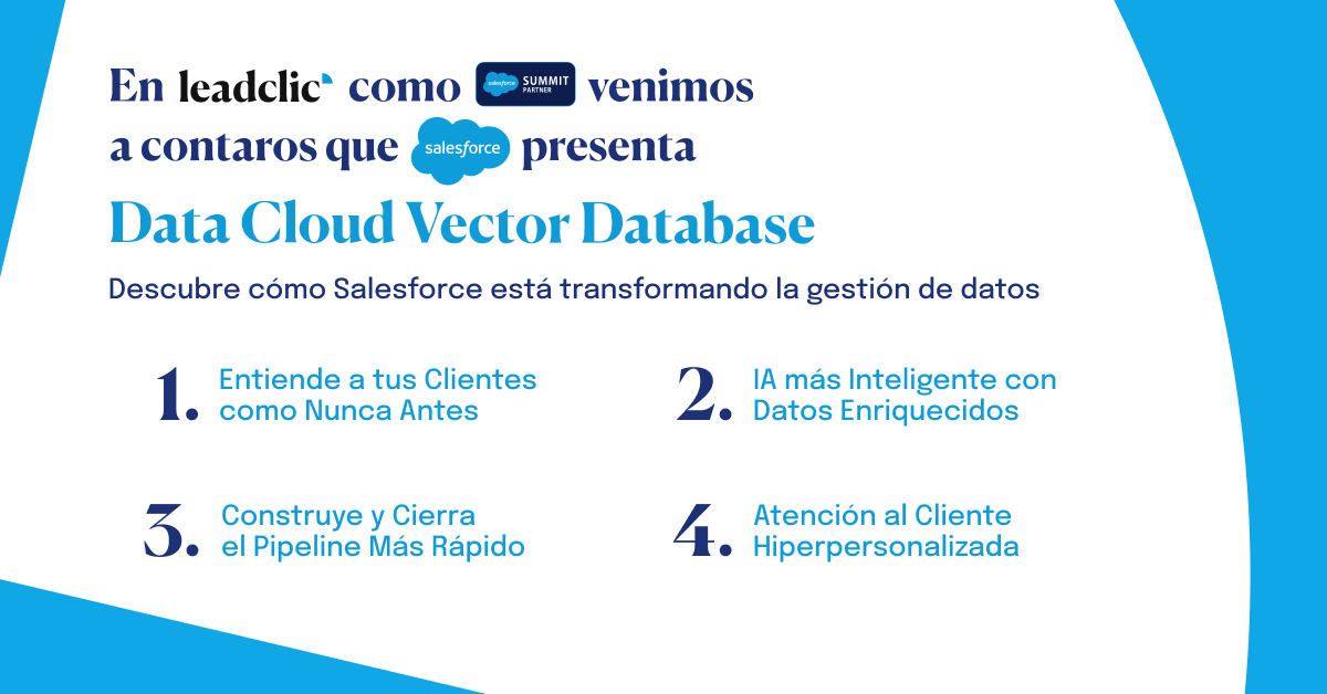 Leadclic's tweet photo. Salesforce ha lanzado oficialmente la Data Cloud Vector Database, una herramienta revolucionaria que desbloquea el 90% de los datos no estructurados, permitiendo a las empresas transformar sus experiencias de cliente con inteligencia artificial generativa. https://t.co/iTNM9XvuKZ