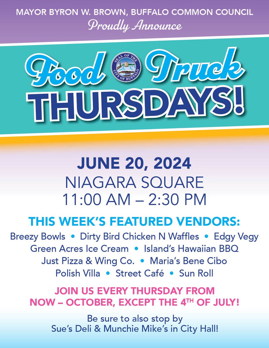 Remember to grab lunch today at Food Truck Thursday in Niagara Square. There are many options to choose from including tasty ways to beat the heat.
