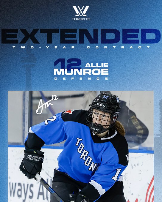 A graphic to communicate Allie Munroe’s contract extension with PWHL Toronto. 

The top half of the graphic has the PWHL Toronto logo and text that reads “Extended. Two-year contract. #12, Allie Munroe, Defender.”

The bottom half of the graphic has an action shot of Allie and her signature in white.

Everything is on a light blue background with a silhouette of the Toronto skyline.