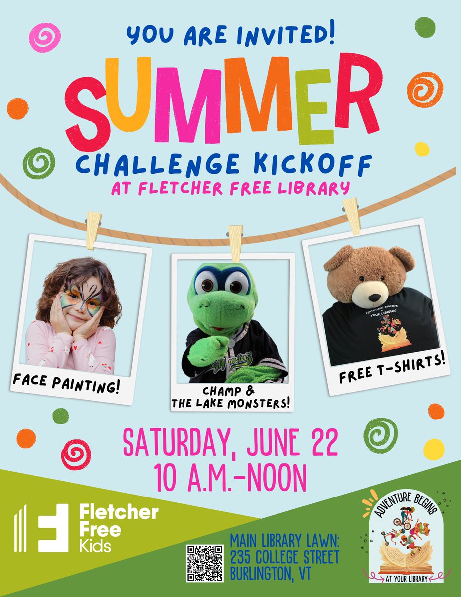 Vermont friends! If you're free Saturday, come by <a href="/FletcherFree/">FletcherFreeLibrary</a> for the Summer Challenge Kickoff with the <a href="/VTLakeMonsters/">Vermont Lake Monsters</a>! 

<a href="/TomMessner/">Tom Messner</a> &amp; I will be there, along with Lake Monsters players and authors Loree Griffin Burns, <a href="/DaynaLorentz/">Dayna Lorentz</a>, &amp; <a href="/christebbetts/">🏳️‍🌈Chris Tebbetts</a> - hope to see you there!