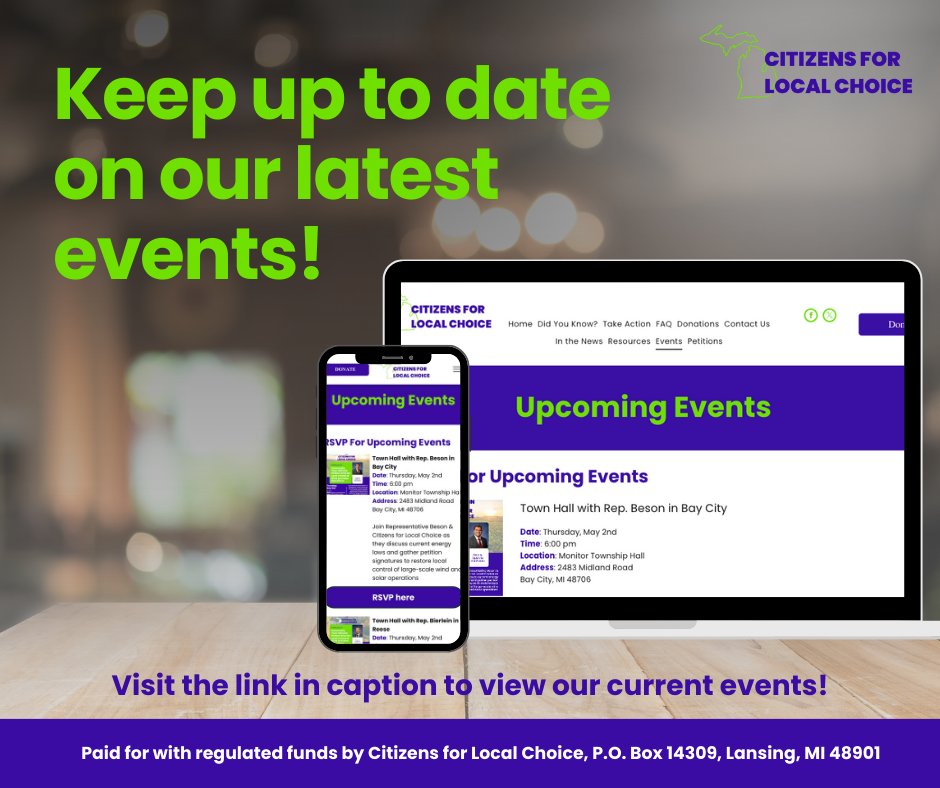Visit our events page to get involved! We update the list often so if you have not checked recently please take a look: micitizenschoice.org/events

#CitizensForLocalChoice #CLCMI #LocalControl
