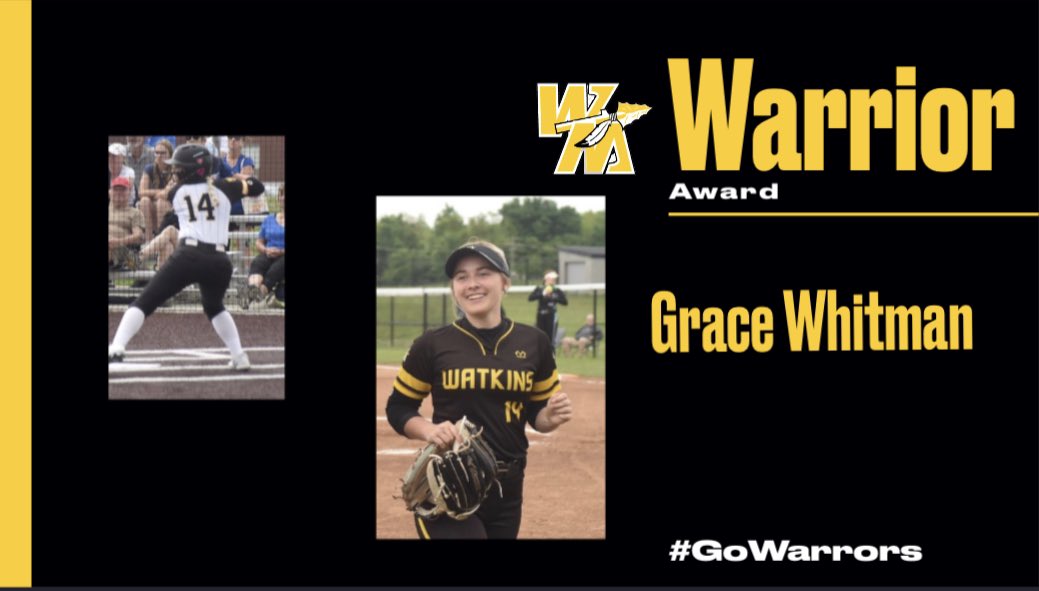 Watkins Softball (@softballwatkins) on Twitter photo Our Warrior Award is <a href="/GWhitman2025/">GraceWhitman2025</a>!
No matter if she was in the game or got subbed out, Grace was always cheering on her teammates! She is always doing the little things right and doing her role with a positive attitude! Way to go Grace! Our Warrior Award is <a href="/GWhitman2025/">GraceWhitman2025</a>!
No matter if she was in the game or got subbed out, Grace was always cheering on her teammates! She is always doing the little things right and doing her role with a positive attitude! Way to go Grace!