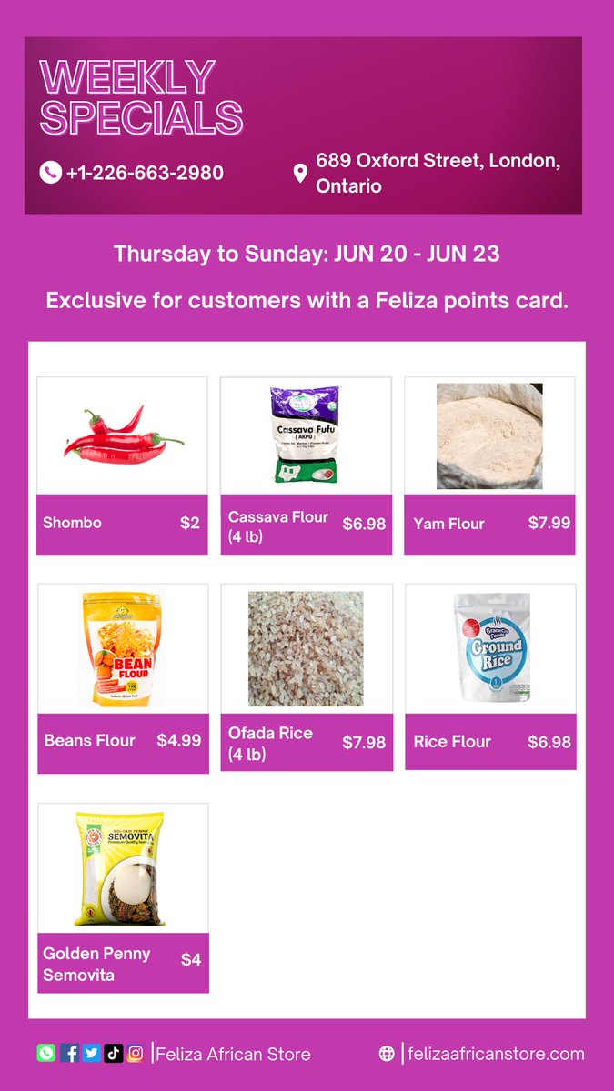 FelizaStore's tweet photo. 🔥😁 7 best seller items discounted from today till Sunday. Grab yours now via website &amp; UberEats.

👇🏻
https://t.co/B4Nq8hJ1aQ
1️⃣ Shombo 
2️⃣ Cassava Flour
3️⃣ Yam flour 
4️⃣ Beans flour
5️⃣ Ofada rice
6️⃣ Rice Flour
7️⃣ Golden Penny Semovita 

T &amp; C apply. Don't miss this deal! https://t.co/v3KNvSQ0iU