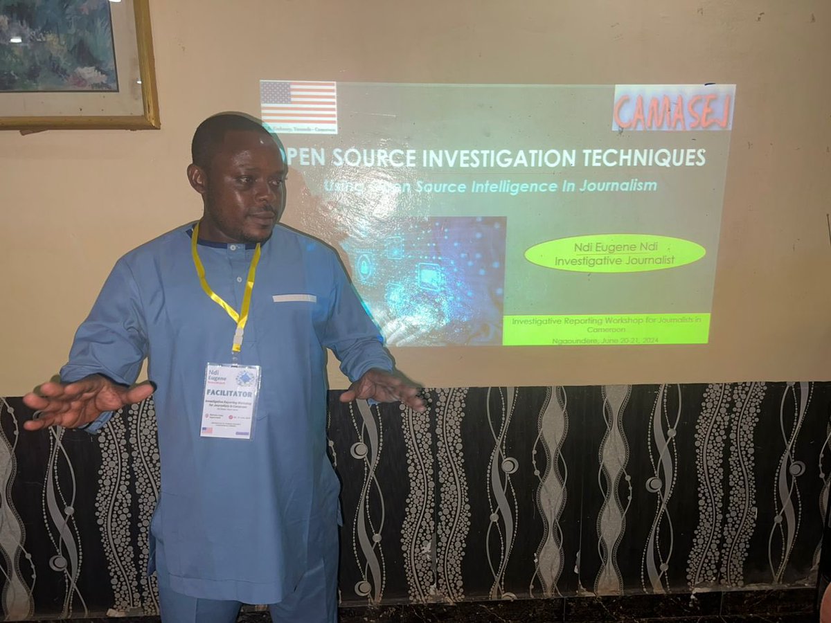 CamasejN's tweet photo. Investigative Journalist &amp; publisher of Newswatch newspaper Ndi Eugene schools participants on Open Source Investigation Techniques at the 2nd phase of the Investigative Journalism workshop holding at Marhaba Hotel in Ngaoundere @USEmbYaounde #protectjournalist #freepress https://t.co/cd2yBf8lZv