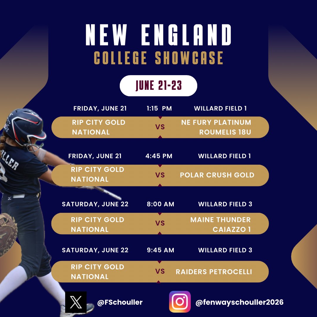 Come see us play this weekend! 
Address for all games:

Willard Fields, Antietam and Sherman Rd, Devens MA

<a href="/18uCovino/">Rip City Gold National</a> <a href="/SBRRetweets/">Softball Recruiting Reposts</a> <a href="/CoastRecruitsSB/">Coast Recruits 🥎</a> <a href="/ExtraInningSB/">EXTRA INNING SOFTBALL</a> <a href="/sballrecruiting/">softballrecruiting.com</a>