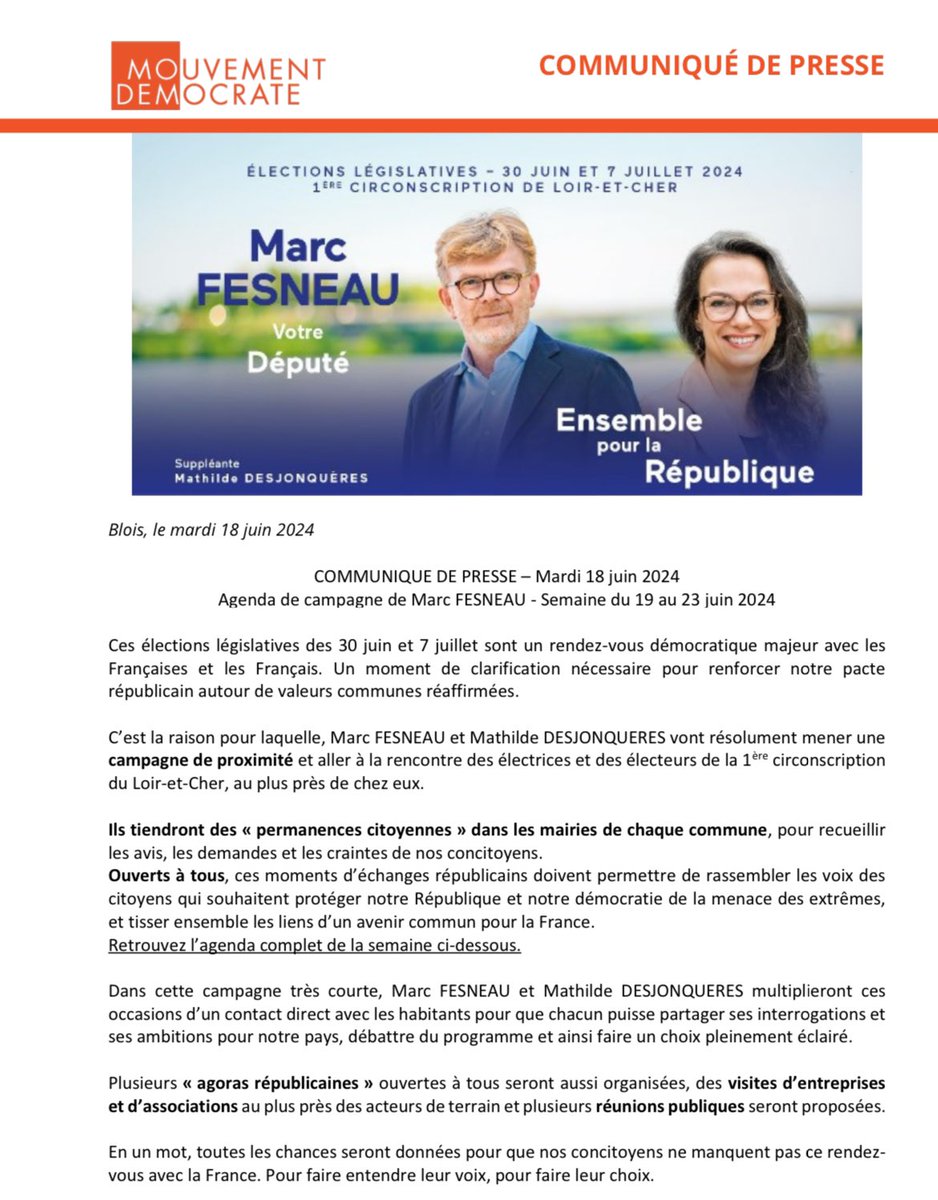 Ces élections législatives sont un rendez-vous démocratique majeur avec la Nation et avec les habitants de la première circonscription de Loir-et-Cher. 

Nous vivons un moment de clarification : sur les projets pour la France, sur les alliances, sur les valeurs, surtout. 

Les