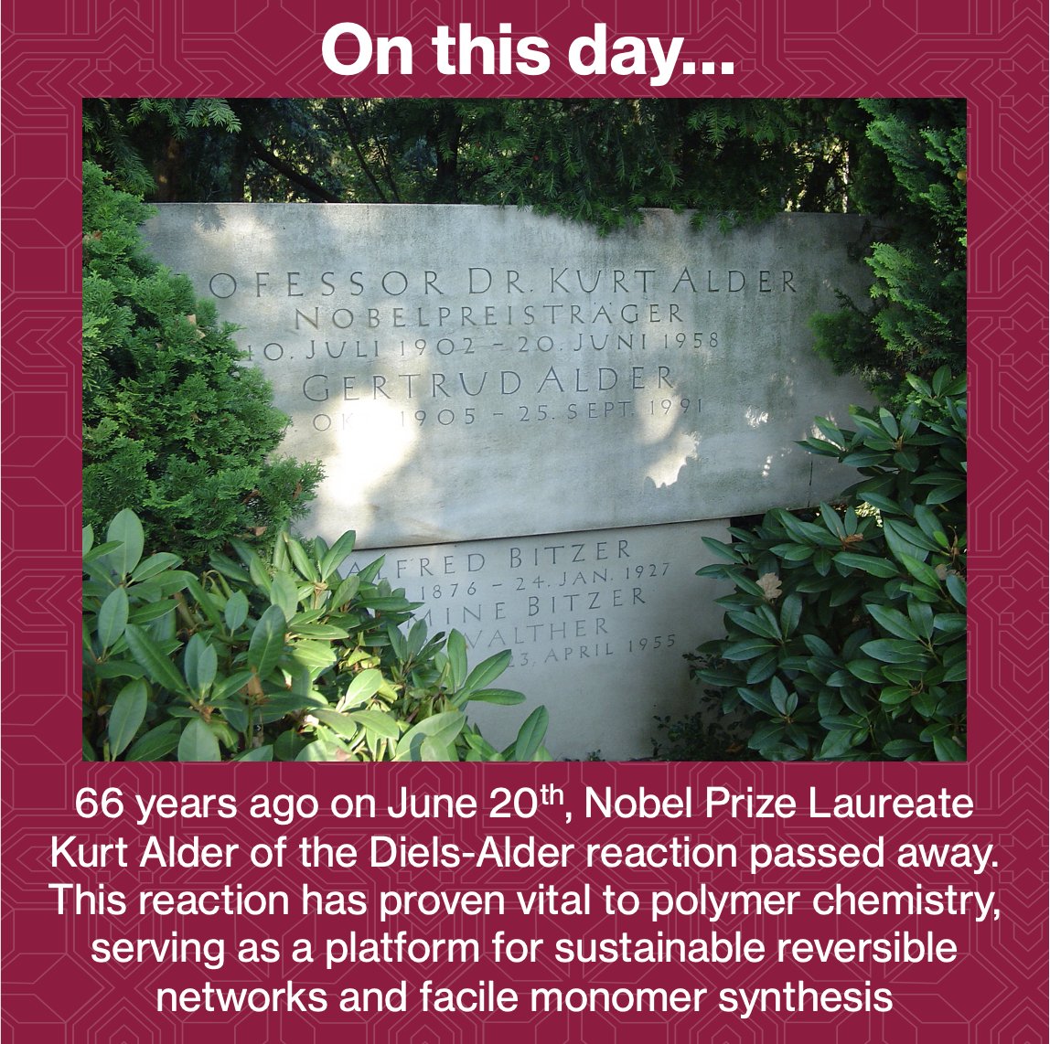 Almost 70 years ago, Kurt Alder of the Diels-Alder reaction passed away. This reaction has proved to be incredibly important in the creation of pharmaceuticals and monomers. It has also gained attractiveness in creating sustainable polymers through reversible networks.