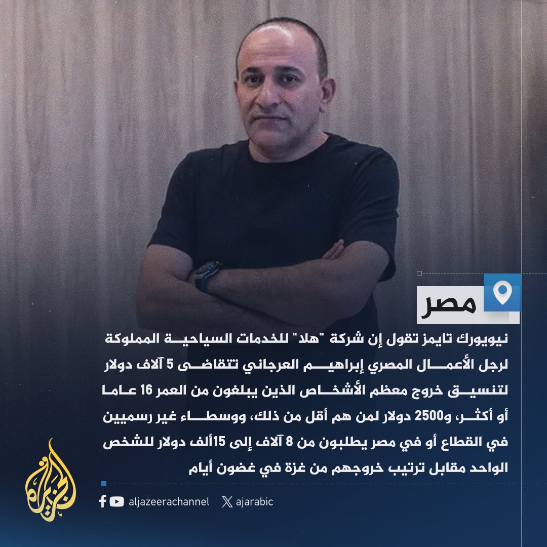 AJArabic's tweet photo. مالك شركة "هلا" إبراهيم العرجاني لنيويورك تايمز: زيادة الطلب على الخروج من #غزة بسبب الحرب دفعتني لرفع سعر الخدمة وأتعرض لحملة افتراء من قبل المنافذ الإخبارية المرتبطة بالإخوان المسلمين
#حرب_غزة https://t.co/yLY4VJc8Kl