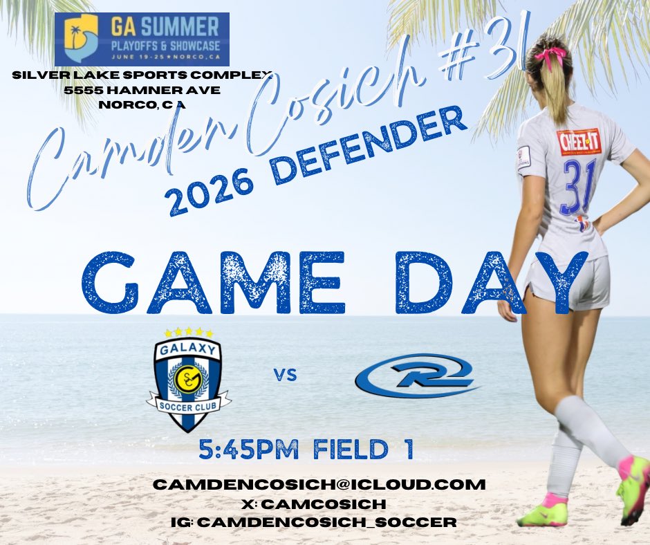 Camden Cosich (@camcosich) on Twitter photo Come out and watch a great matchup tonight! My <a href="/GalaxySCIL/">Galaxy Soccer Club</a> teammates and I will be playing a talented Colorado Rush team in Game 2 of the <a href="/GAcademyLeague/">Girls Academy</a> Summer Playoffs!
<a href="/ImYouthSoccer/">ECNL/GA/Recruiting/College Soccer</a> <a href="/PrepSoccer/">Prep Soccer ⚽️</a> <a href="/TopDrawerSoccer/">TopDrawerSoccer</a> <a href="/ImCollegeSoccer/">College Soccer Truth ™</a> <a href="/TheSoccerWire/">SoccerWire</a> Come out and watch a great matchup tonight! My <a href="/GalaxySCIL/">Galaxy Soccer Club</a> teammates and I will be playing a talented Colorado Rush team in Game 2 of the <a href="/GAcademyLeague/">Girls Academy</a> Summer Playoffs!
<a href="/ImYouthSoccer/">ECNL/GA/Recruiting/College Soccer</a> <a href="/PrepSoccer/">Prep Soccer ⚽️</a> <a href="/TopDrawerSoccer/">TopDrawerSoccer</a> <a href="/ImCollegeSoccer/">College Soccer Truth ™</a> <a href="/TheSoccerWire/">SoccerWire</a>