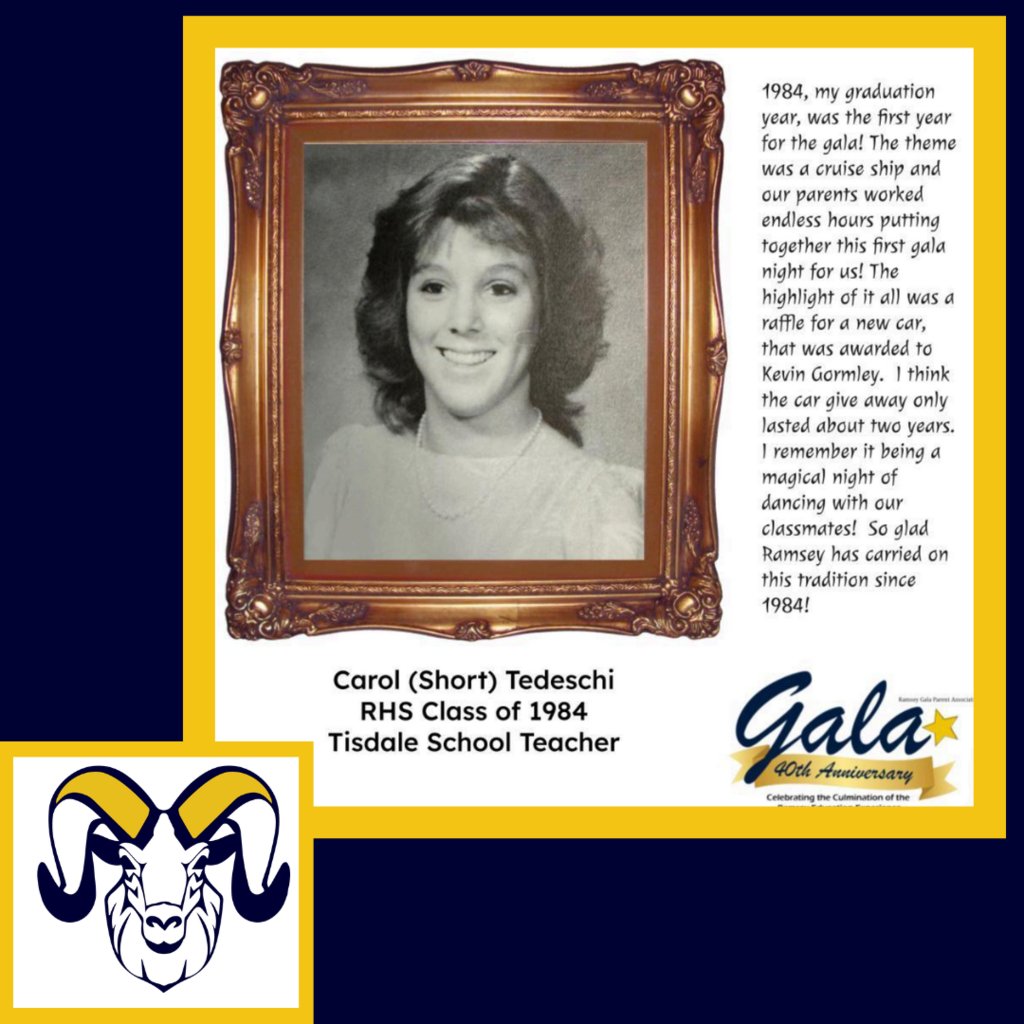 Last Gala Throwback ::  Ms. Tedeschi! 🎉
Ms. Tedeschi attended the first-ever Gala event in 1984 - so this 40th Anniversary is certainly special. 

You made it Rams!  Congratulations and enjoy it!  We are all so proud of you. 🎓 🐏