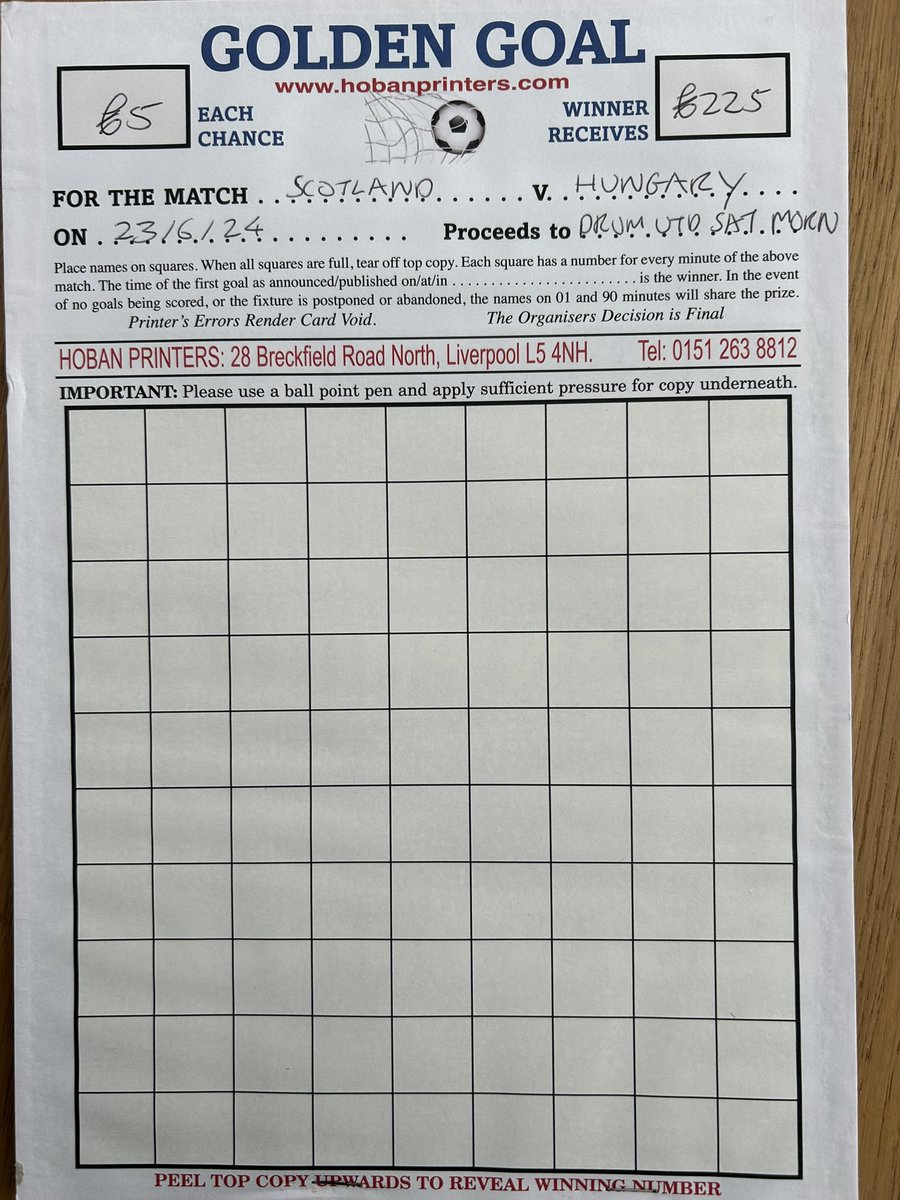 For Scotlands game this Sunday 🆚Hungary at the Euros. 
The club are doing a fundraising card with the opportunity to win £225. 
Once we have the 90 entrants, we will peel back the card which will randomly select everyone to a specific minute of the match. 
It’s £5 a shot 
A