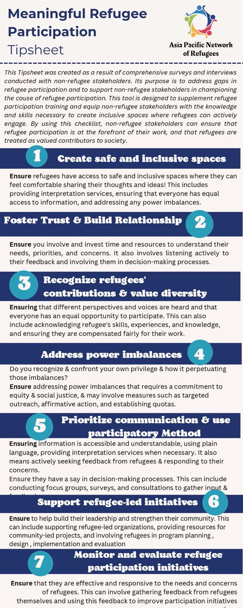 To celebrate #WorldRefugeeDay, we’re sharing a tipsheet with practical ways to ensure meaningful refugee participation in your organization. 

Reach out to us to learn how we can help your organization grow and enhance its impact.

#WRD #MRP #MeaningfulParticipation