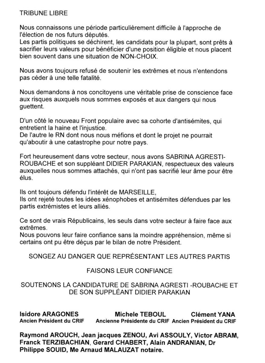 Notre candidature avec <a href="/SabrinaRoubache/">Sabrina Agresti-Roubache</a> est celle de la raison, celle de la lutte contre les extrêmes, celle de la proximité, de l’échange. 

Je remercie les signataires de cette tribune pour leur engagement.

👉 Pour les habitants de notre circonscription, pour #Marseille !