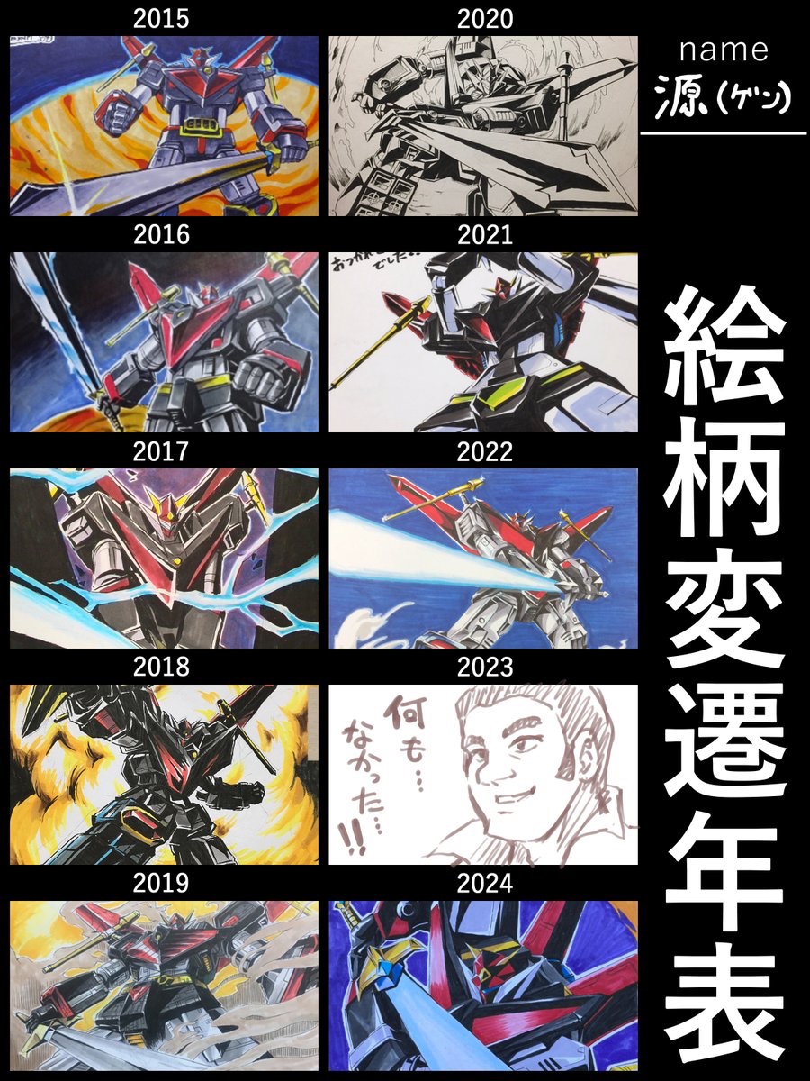 #絵柄変遷表
とりあえず統一題材のゴッドシグマ色紙で揃えてみました
23年は1枚も買いてなかったのか… 