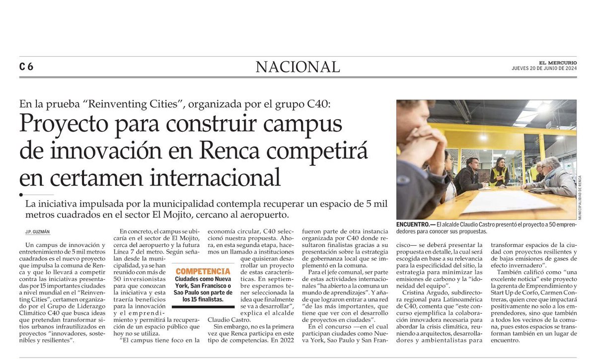 ¡Renca es parte de ReinventingCities <a href="/c40cities/">C40 Cities</a>! Junto a ciudades como NY, Roma y San Francisco, estamos en competencia fomentando la colab público-privada y el diseño urbano para diseñar el futuro Campus de Innovación y Emprendimiento El Montijo 💪 destacados en @ElMercurio_cl👇
