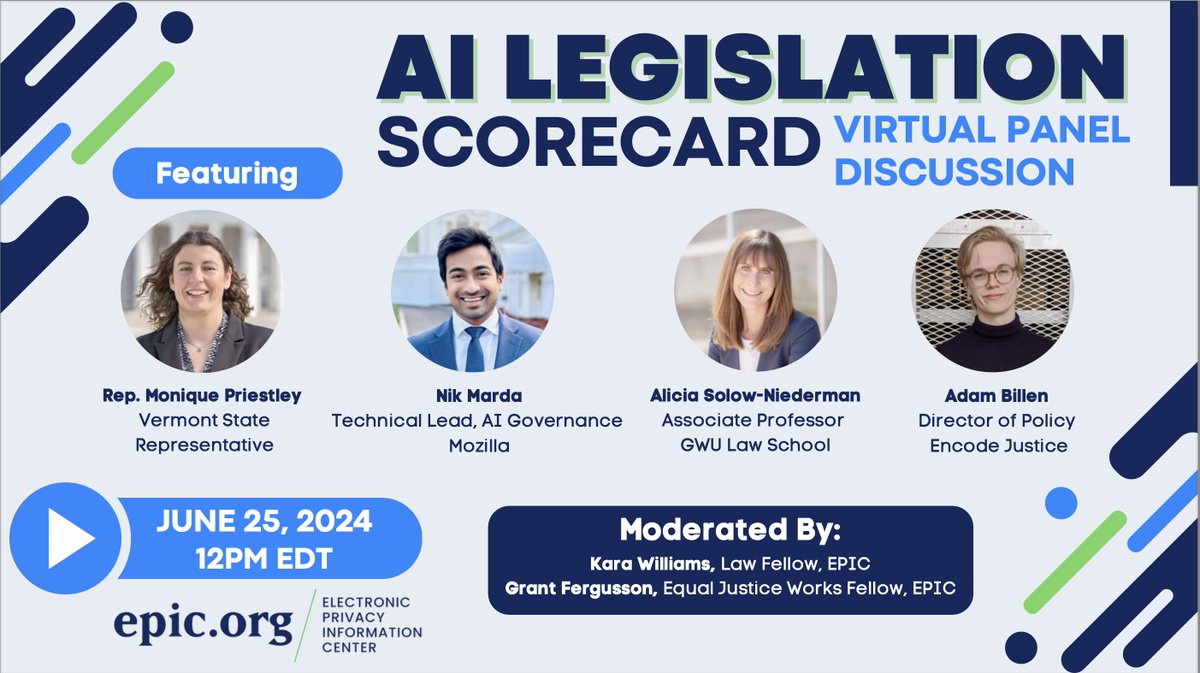 EPIC (@epicprivacy) on Twitter photo We are delighted to have VT Rep. Monique Priestley, GWU Law Professor <a href="/Alicia_S_N/">Alicia Solow-Niederman</a>, <a href="/AdamBillen/">Adam Billen</a> from Encode Justice, and <a href="/nrmarda/">Nik Marda</a> from Mozilla join EPIC for a virtual discussion about the AI legislative landscape at 12pm EDT on 6/25. 🧵1/3
Zoom link: epic.zoom.us/j/82965603372?… We are delighted to have VT Rep. Monique Priestley, GWU Law Professor <a href="/Alicia_S_N/">Alicia Solow-Niederman</a>, <a href="/AdamBillen/">Adam Billen</a> from Encode Justice, and <a href="/nrmarda/">Nik Marda</a> from Mozilla join EPIC for a virtual discussion about the AI legislative landscape at 12pm EDT on 6/25. 🧵1/3
Zoom link: epic.zoom.us/j/82965603372?…