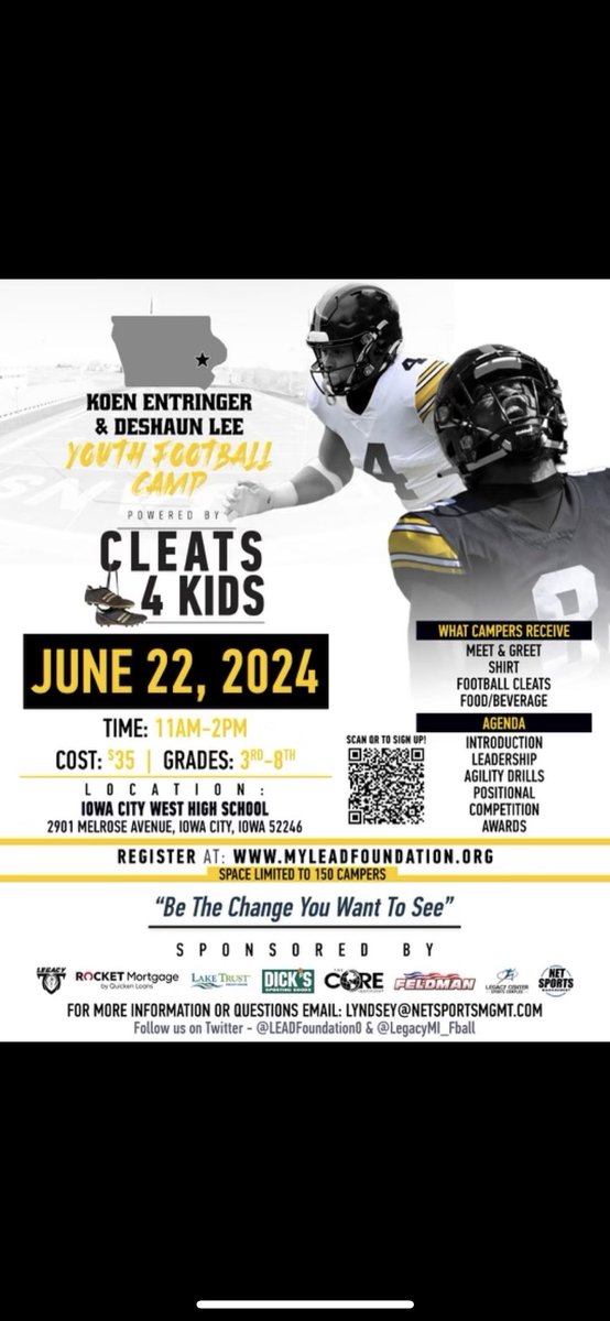 Bean (@deshaun3lee) on Twitter photo Whatβs up Hawkeye Nation! Me and <a href="/KoenEntringer/">Koen Entringer</a> will be hosting our first annual youth camp this weekend on June 22. We will be giving away cleats to all who register. Spots are limited, I hope to see you guys there. Scan the code to register. Whatβs up Hawkeye Nation! Me and <a href="/KoenEntringer/">Koen Entringer</a> will be hosting our first annual youth camp this weekend on June 22. We will be giving away cleats to all who register. Spots are limited, I hope to see you guys there. Scan the code to register.