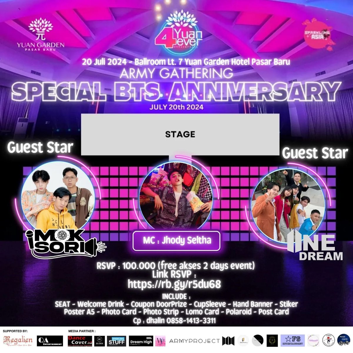 1twinkleproject's tweet photo. [MEDIA PARTNER]

*"ARMY GATHERING, SPECIAL BTS ANNIVERSARY"*
*PRESENT By Sparkling Korea*

📍Ballroom Lt. 7 Yuan Garde Hotel Pasar Baru
@/yuangardenpasarbaru.jakarta

📌 Sabtu, 20 Juli 2024
🕒15.00 - selesai
💵HTM 100.000 RSVP sampai tgl 19 Juli 2024

#ARMY #BTS #BTS11thAnnivers https://t.co/T2AoKw0YJQ