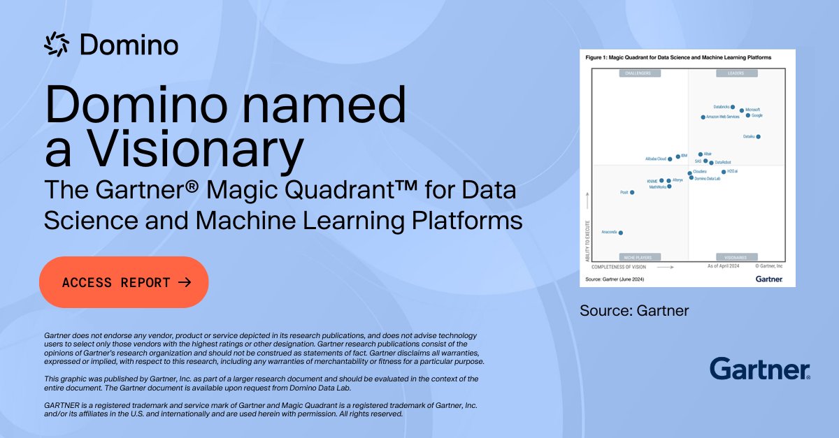 Domino Data Lab (@dominodatalab) on Twitter photo Gartner shortlisted 18 data science and machine learning (DSML) vendors worldwide. Of those, <a href="/DominoDataLab/">Domino Data Lab</a> emerged as one of the three named a Visionary in a highly competitive marketplace. Read our blog on the latest MQ: domino.buzz/3VRhgKY #GartnerMQ #MLOps #AI Gartner shortlisted 18 data science and machine learning (DSML) vendors worldwide. Of those, <a href="/DominoDataLab/">Domino Data Lab</a> emerged as one of the three named a Visionary in a highly competitive marketplace. Read our blog on the latest MQ: domino.buzz/3VRhgKY #GartnerMQ #MLOps #AI